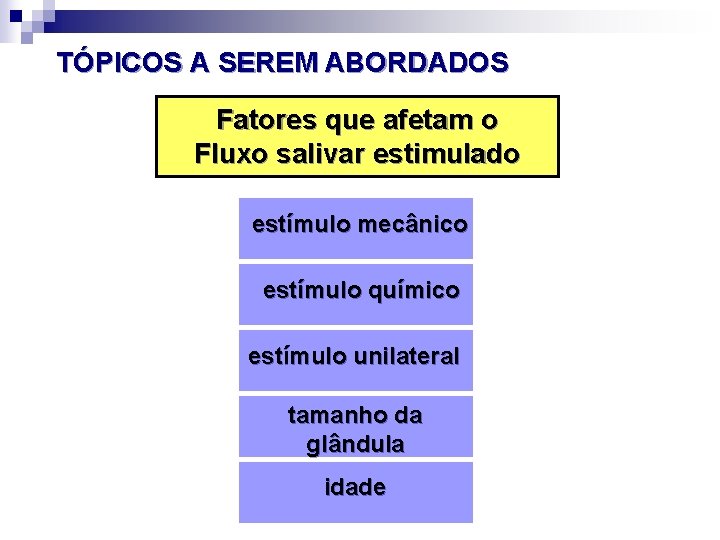 TÓPICOS A SEREM ABORDADOS Fatores que afetam o Fluxo salivar estimulado estímulo mecânico estímulo
