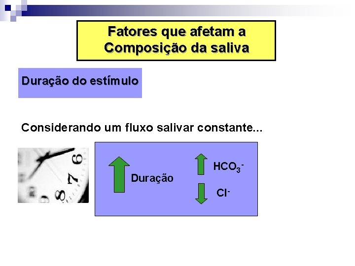 Fatores que afetam a Composição da saliva Duração do estímulo Considerando um fluxo salivar