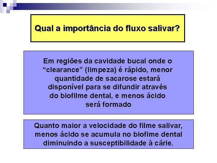 Qual a importância do fluxo salivar? Em regiões da cavidade bucal onde o “clearance”