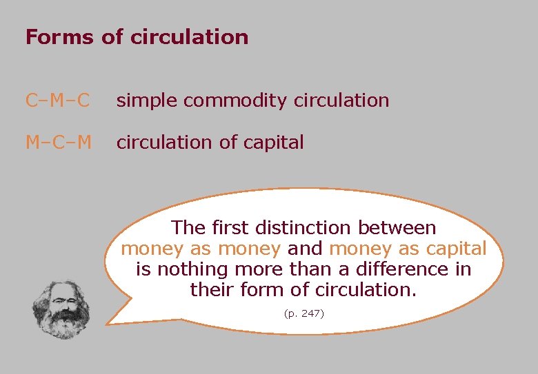 Forms of circulation C–M–C simple commodity circulation M–C–M circulation of capital The first distinction