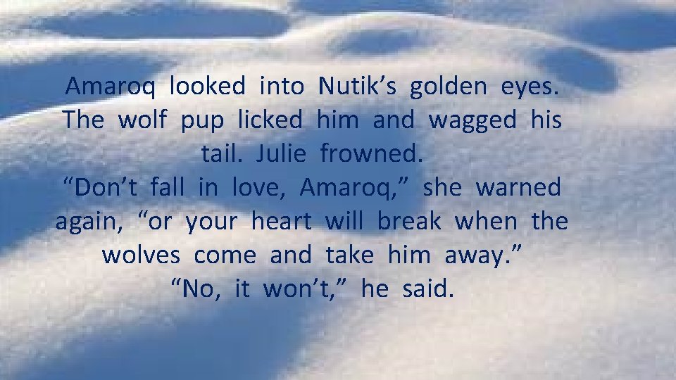 Amaroq looked into Nutik’s golden eyes. The wolf pup licked him and wagged his