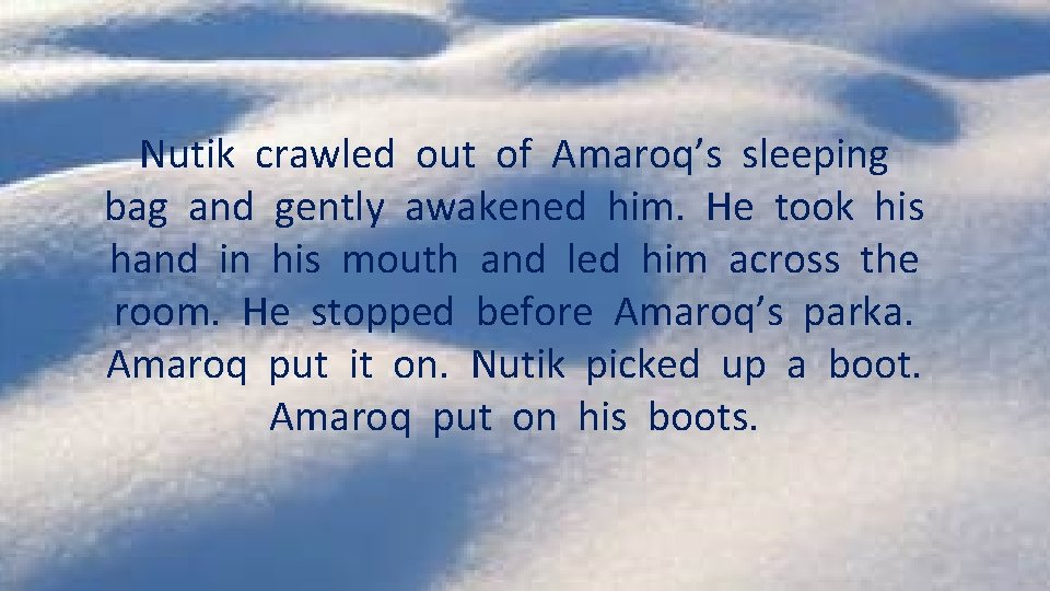 Nutik crawled out of Amaroq’s sleeping bag and gently awakened him. He took his