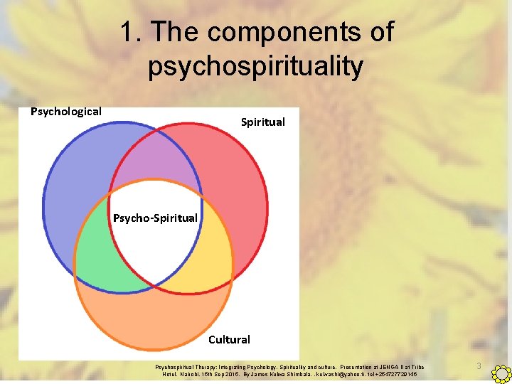 1. The components of psychospirituality Psychological Spiritual Psycho-Spiritual Cultural Psychospiritual Therapy: Integrating Psychology, Spirituality