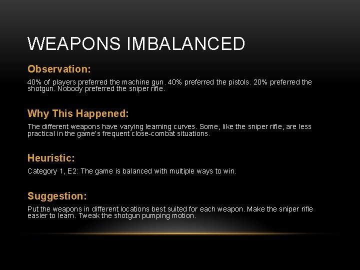 WEAPONS IMBALANCED Observation: 40% of players preferred the machine gun. 40% preferred the pistols.