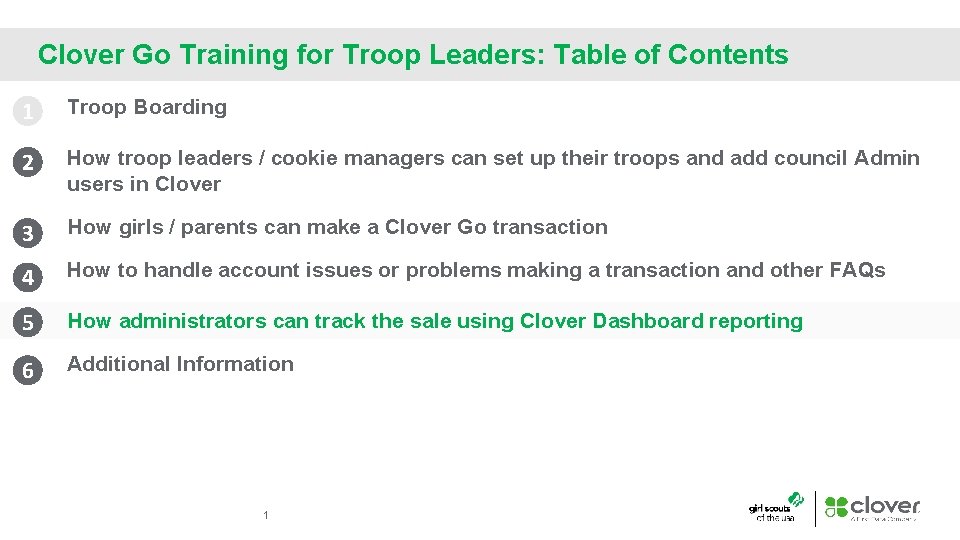 Clover Go Training for Troop Leaders: Table of Contents 1 Troop Boarding 2 How