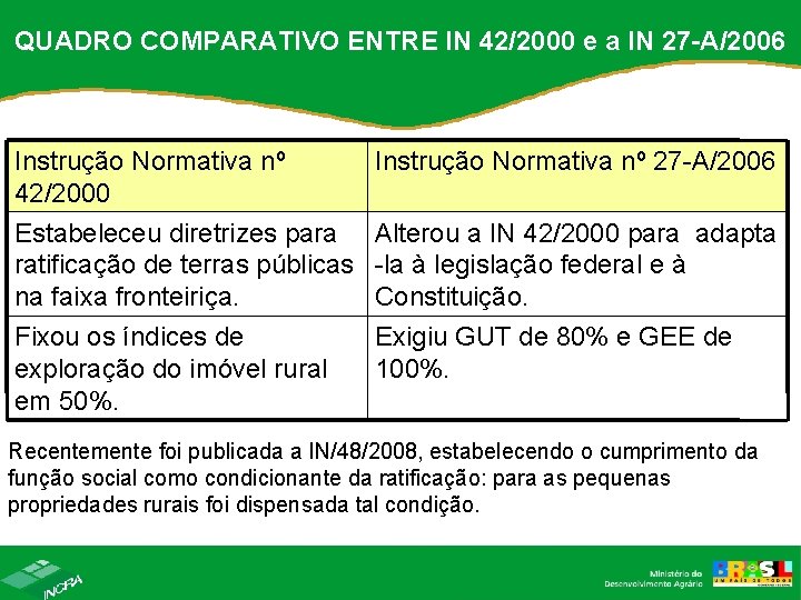 QUADRO COMPARATIVO ENTRE IN 42/2000 e a IN 27 -A/2006 Instrução Normativa nº 42/2000 QUADRO COMPARATIVO ENTRE IN 42/2000 e a IN 27 -A/2006 Instrução Normativa nº 42/2000