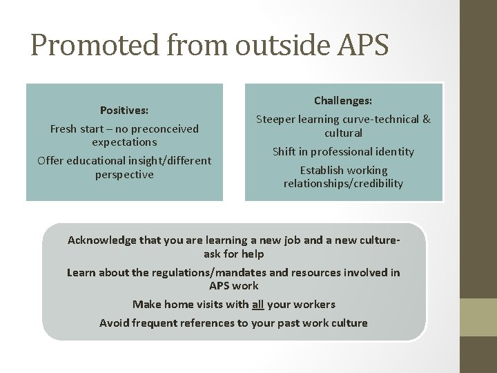 Promoted from outside APS Positives: Fresh start – no preconceived expectations Offer educational insight/different Promoted from outside APS Positives: Fresh start – no preconceived expectations Offer educational insight/different