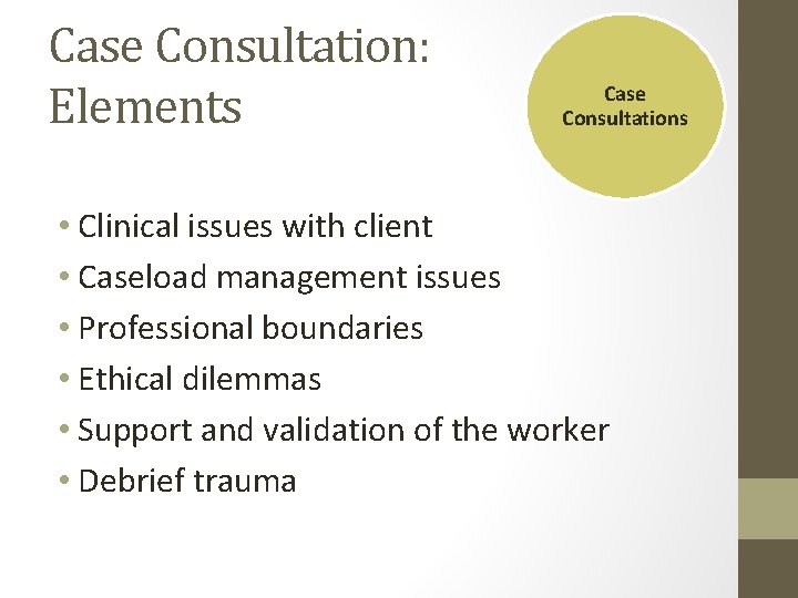 Case Consultation: Elements Case Consultations • Clinical issues with client • Caseload management issues Case Consultation: Elements Case Consultations • Clinical issues with client • Caseload management issues