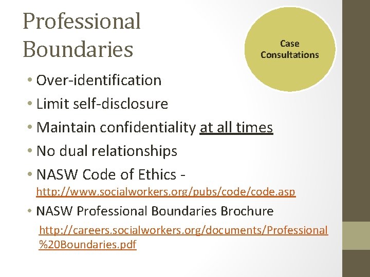 Professional Boundaries Case Consultations • Over-identification • Limit self-disclosure • Maintain confidentiality at all Professional Boundaries Case Consultations • Over-identification • Limit self-disclosure • Maintain confidentiality at all