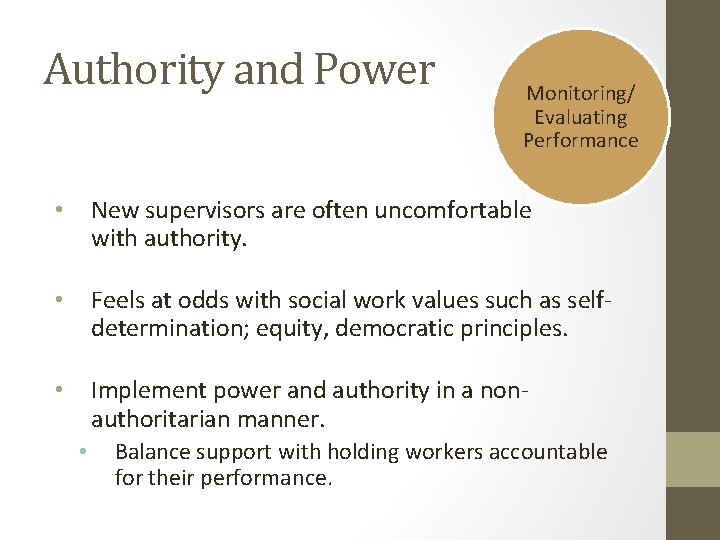 Authority and Power Monitoring/ Evaluating Performance • New supervisors are often uncomfortable with authority. Authority and Power Monitoring/ Evaluating Performance • New supervisors are often uncomfortable with authority.