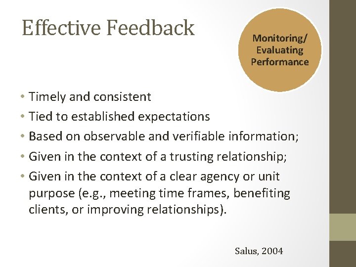 Effective Feedback Monitoring/ Evaluating Performance • Timely and consistent • Tied to established expectations Effective Feedback Monitoring/ Evaluating Performance • Timely and consistent • Tied to established expectations
