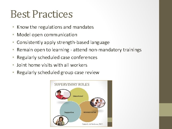 Best Practices • • Know the regulations and mandates Model open communication Consistently apply Best Practices • • Know the regulations and mandates Model open communication Consistently apply