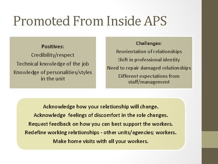 Promoted From Inside APS Positives: Credibility/respect Technical knowledge of the job Knowledge of personalities/styles Promoted From Inside APS Positives: Credibility/respect Technical knowledge of the job Knowledge of personalities/styles