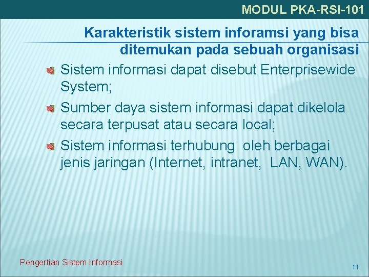 MODUL PKA-RSI-101 Karakteristik sistem inforamsi yang bisa ditemukan pada sebuah organisasi Sistem informasi dapat