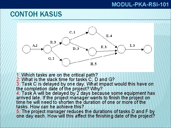 MODUL-PKA-RSI-101 CONTOH KASUS 1: Which tasks are on the critical path? 2: What is