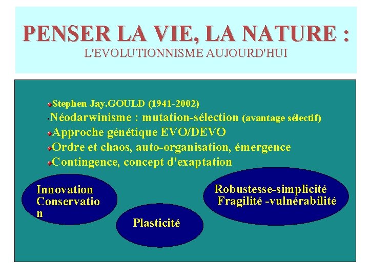 PENSER LA VIE, LA NATURE : L'EVOLUTIONNISME AUJOURD'HUI Stephen Jay. GOULD (1941 -2002) Néodarwinisme PENSER LA VIE, LA NATURE : L'EVOLUTIONNISME AUJOURD'HUI Stephen Jay. GOULD (1941 -2002) Néodarwinisme