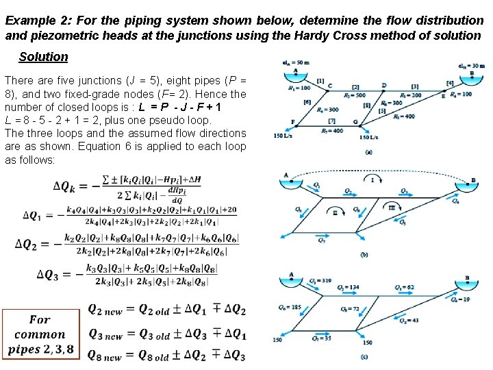Example 2: For the piping system shown below, determine the flow distribution and piezometric