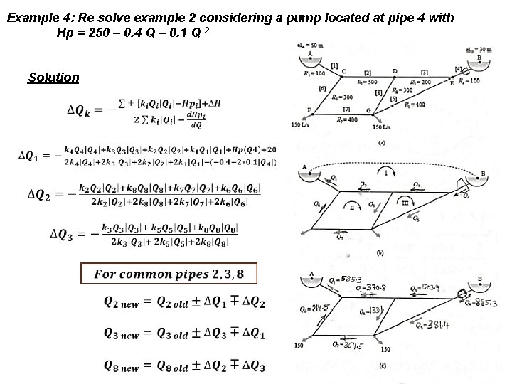 Example 4: Re solve example 2 considering a pump located at pipe 4 with