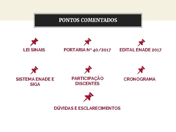 Let’s review some concepts PONTOS COMENTADOS LEI SINAIS PORTARIA Nº 40/2017 EDITAL ENADE 2017