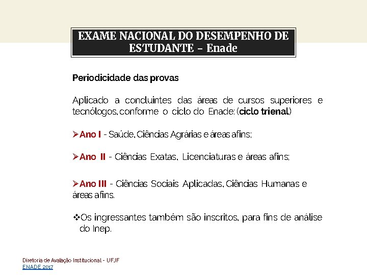 EXAME NACIONAL DO DESEMPENHO DE About this template ESTUDANTE - Enade Periodicidade das provas