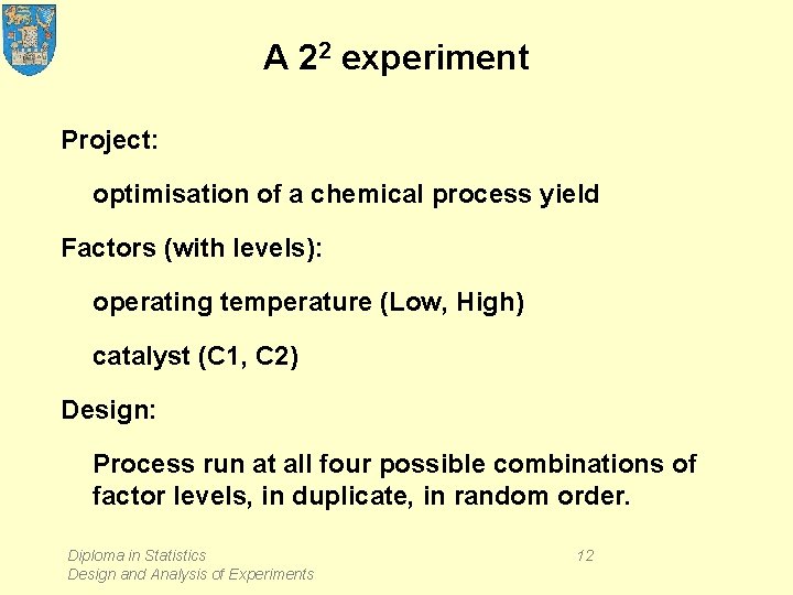 A 22 experiment Project: optimisation of a chemical process yield Factors (with levels): operating