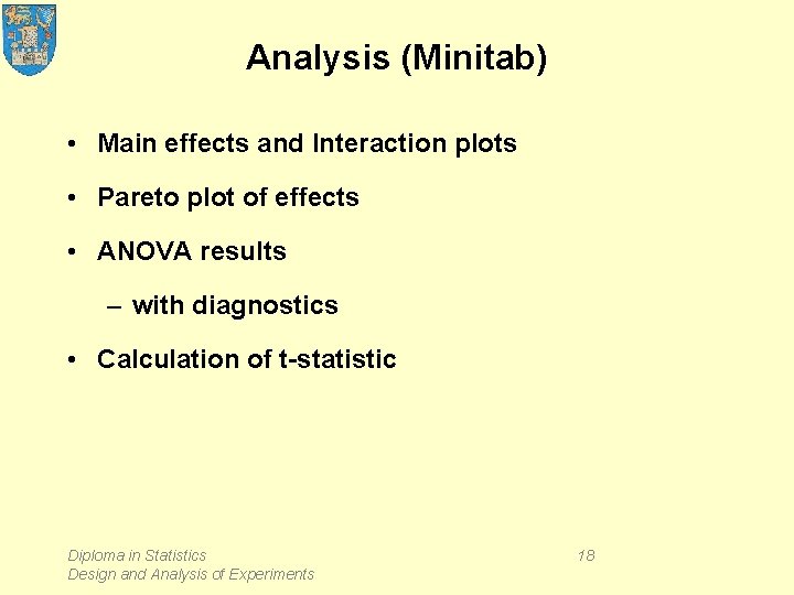 Analysis (Minitab) • Main effects and Interaction plots • Pareto plot of effects •