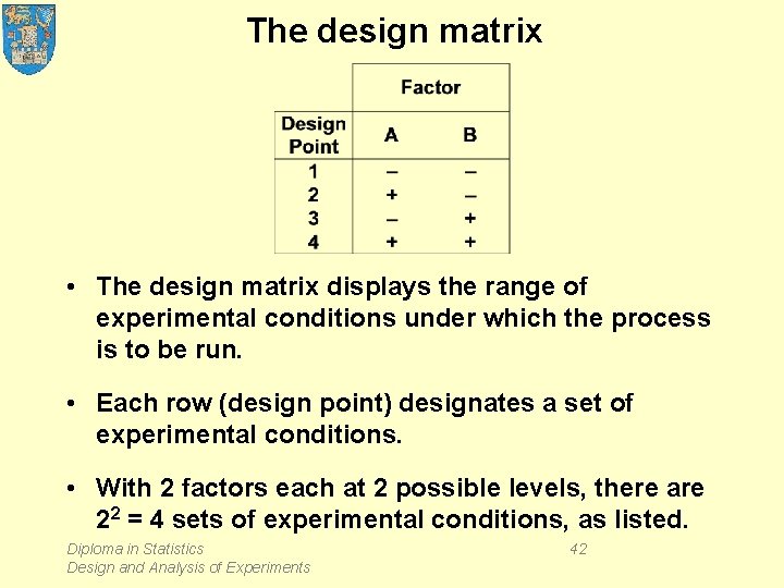 The design matrix • The design matrix displays the range of experimental conditions under