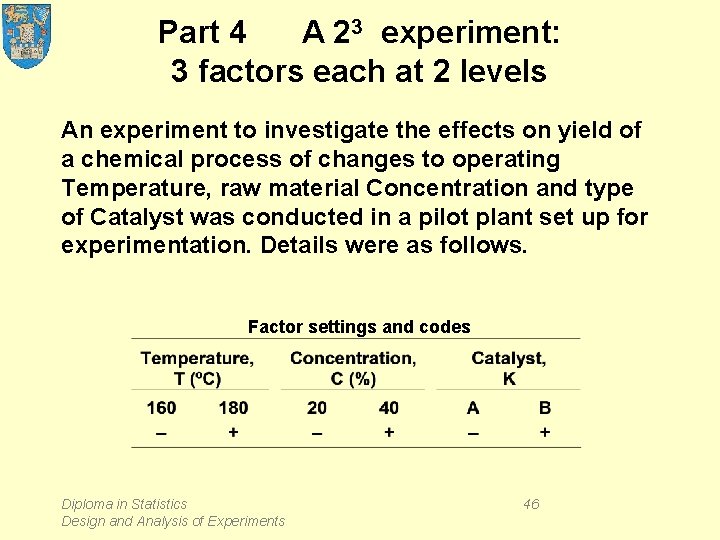 Part 4 A 23 experiment: 3 factors each at 2 levels An experiment to