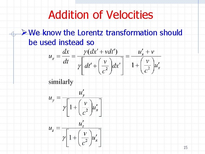 Addition of Velocities Ø We know the Lorentz transformation should be used instead so