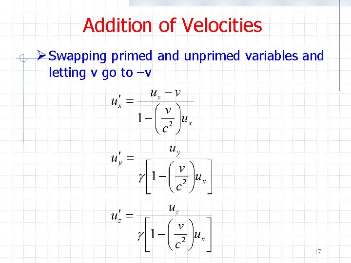 Addition of Velocities Ø Swapping primed and unprimed variables and letting v go to