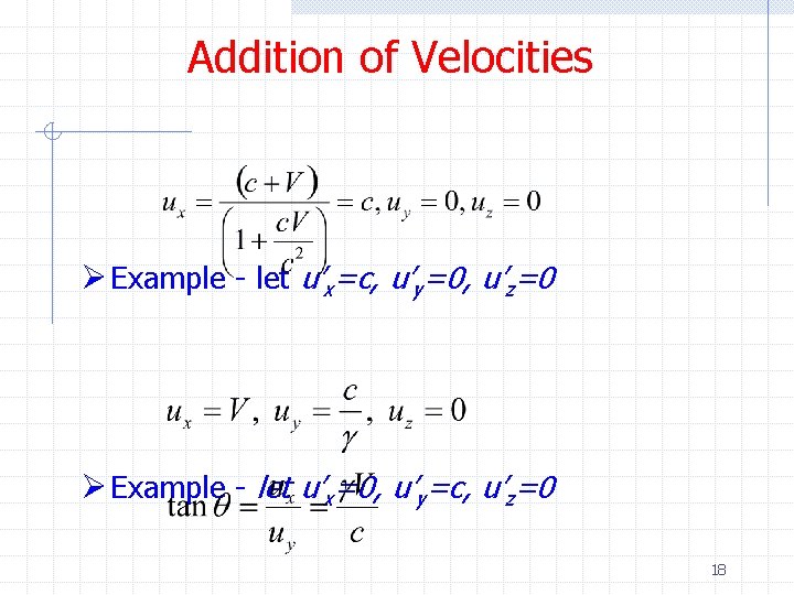 Addition of Velocities Ø Example - let u’x=c, u’y=0, u’z=0 Ø Example - let