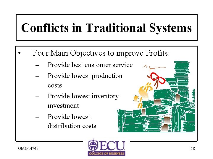 Conflicts in Traditional Systems • Four Main Objectives to improve Profits: – Provide best