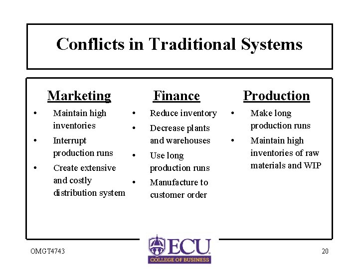 Conflicts in Traditional Systems Marketing • • • Maintain high inventories Interrupt production runs