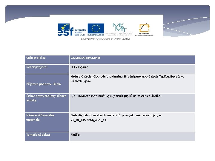 Číslo projektu CZ. 1. 07/1. 5. 00/34. 0528 Název projektu ICT ve výuce Příjemce