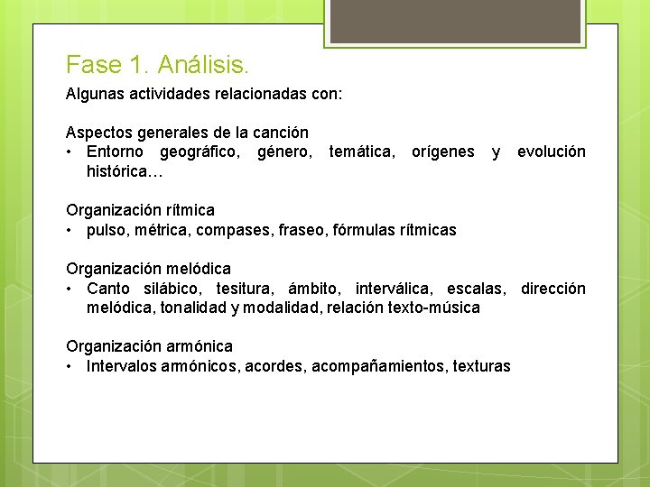Fase 1. Análisis. Algunas actividades relacionadas con: Aspectos generales de la canción • Entorno