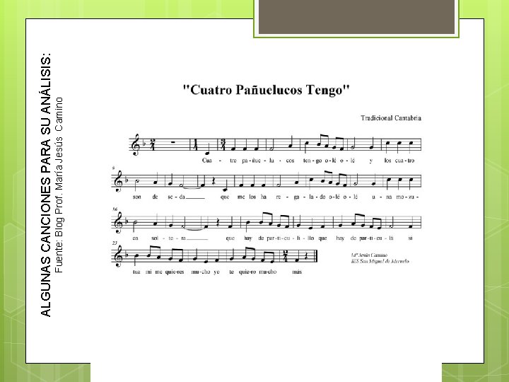Fuente: Blog Prof. María Jesús Camino ALGUNAS CANCIONES PARA SU ANÁLISIS: 