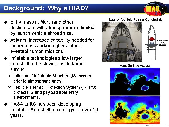 Background: Why a HIAD? Entry mass at Mars (and other destinations with atmospheres) is