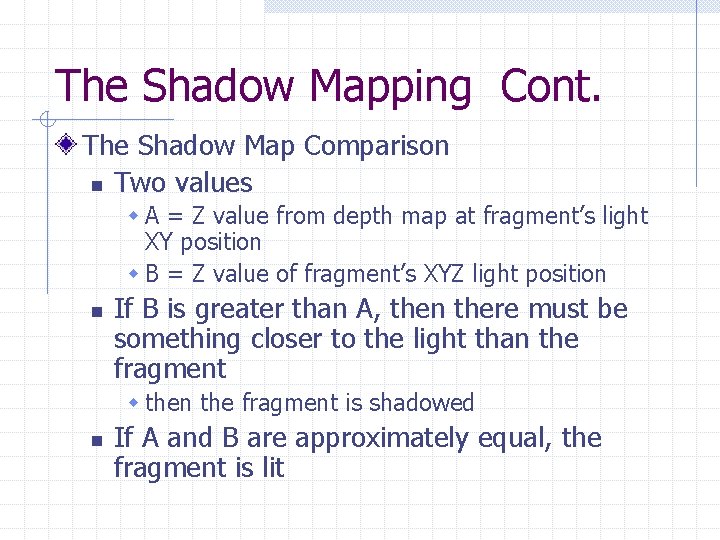 The Shadow Mapping Cont. The Shadow Map Comparison n Two values w A =