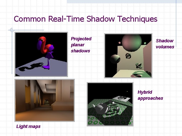Common Real-Time Shadow Techniques Projected planar shadows Shadow volumes Hybrid approaches Light maps 
