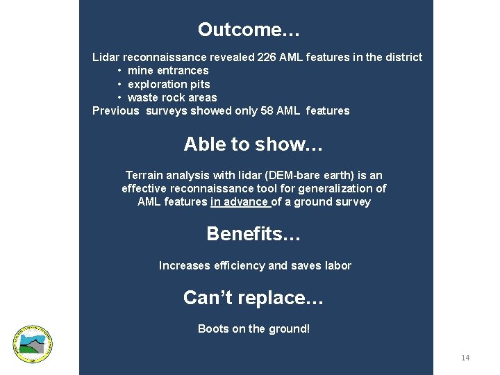 Outcome… Lidar reconnaissance revealed 226 AML features in the district • mine entrances •