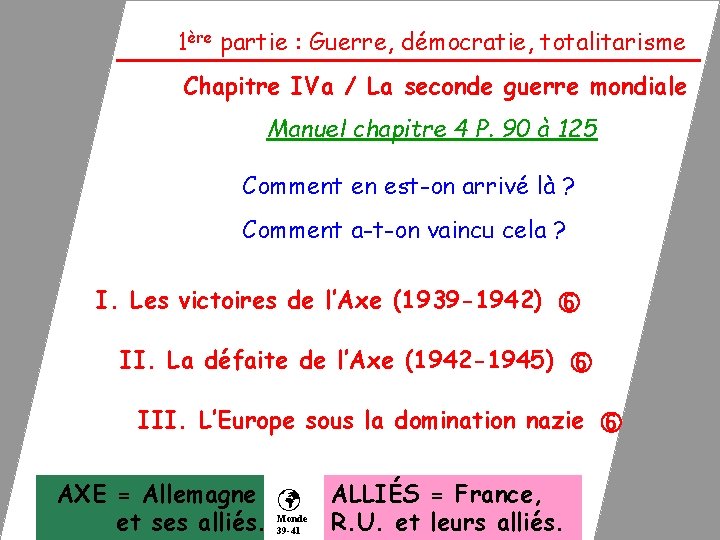 1ère partie : Guerre, démocratie, totalitarisme Chapitre IVa / La seconde guerre mondiale Manuel