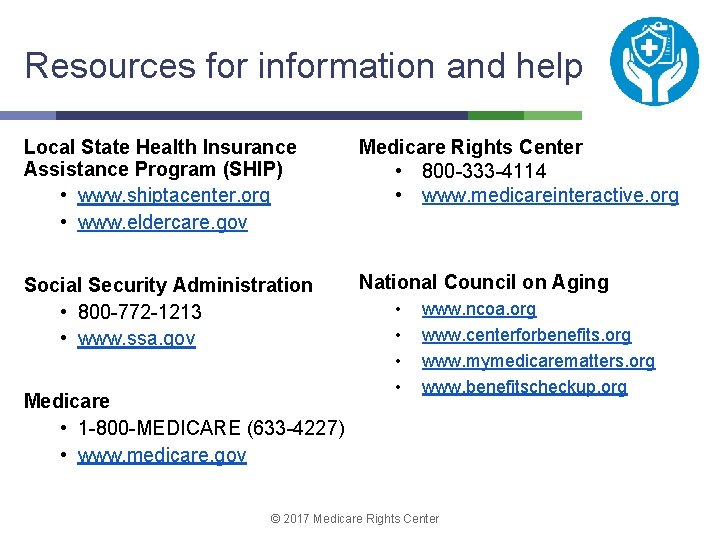 Resources for information and help Local State Health Insurance Assistance Program (SHIP) • www.