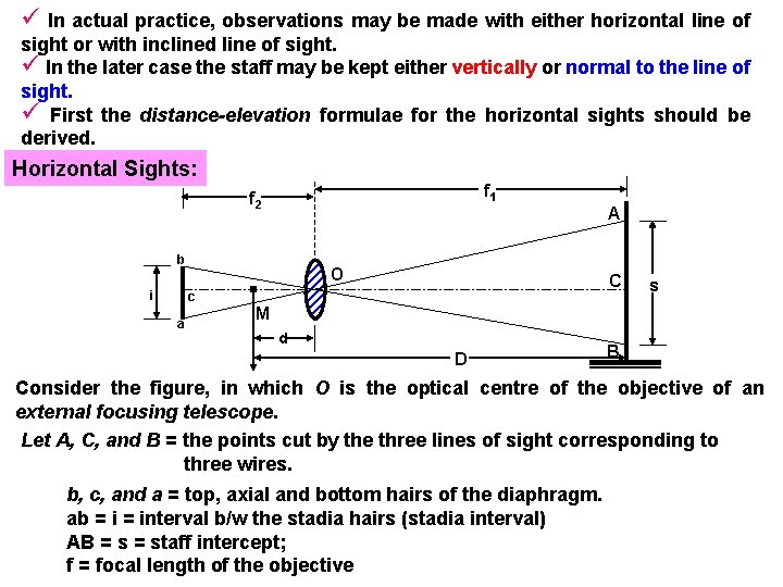 ü In actual practice, observations may be made with either horizontal line of sight