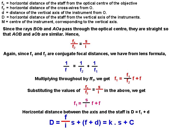 f 1 = horizontal distance of the staff from the optical centre of the