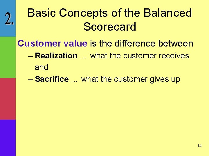 Basic Concepts of the Balanced Scorecard Customer value is the difference between – Realization