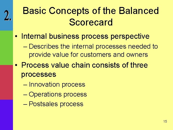 Basic Concepts of the Balanced Scorecard • Internal business process perspective – Describes the