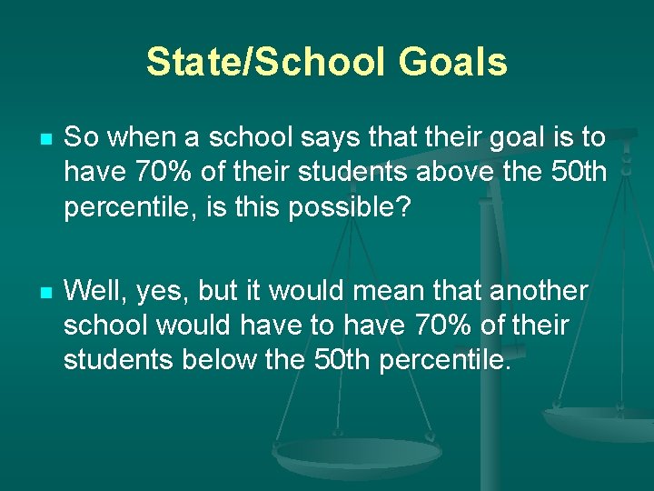 State/School Goals n So when a school says that their goal is to have