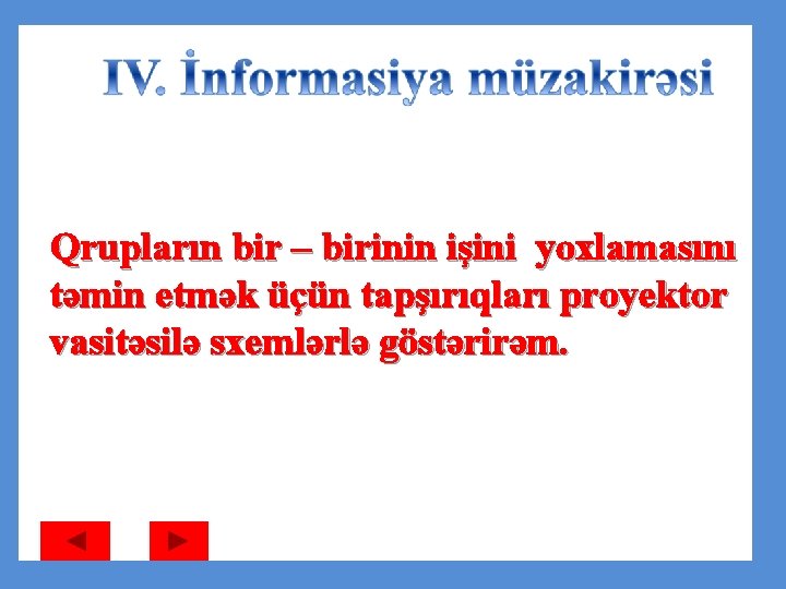 Qrupların bir – birinin işini yoxlamasını təmin etmək üçün tapşırıqları proyektor vasitəsilə sxemlərlə göstərirəm.