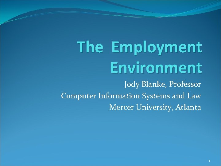 The Employment Environment Jody Blanke, Professor Computer Information Systems and Law Mercer University, Atlanta