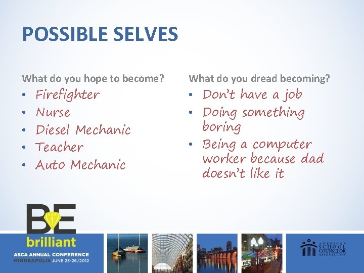 POSSIBLE SELVES What do you hope to become? • • • Firefighter Nurse Diesel